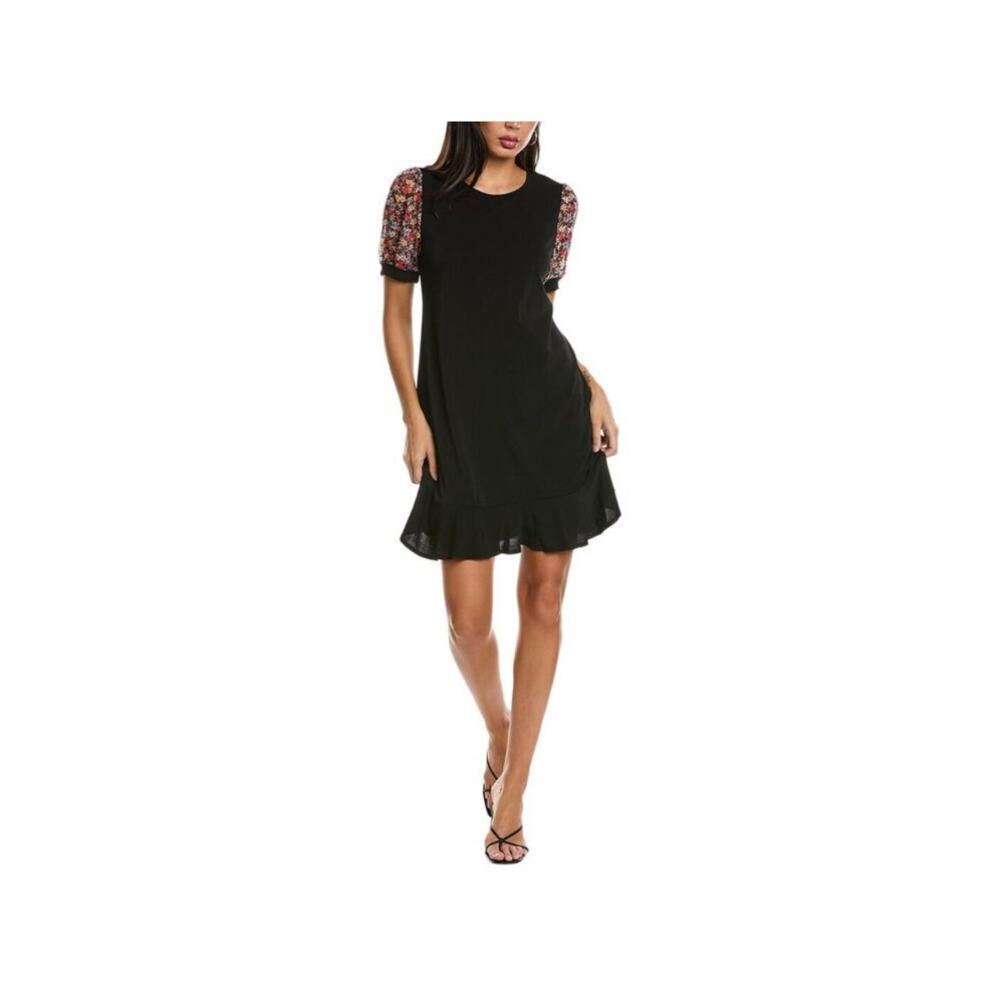 NWT Cece Mixed Media Floral Puff Sleeve Ruffle Bottom Dress Black Size XS